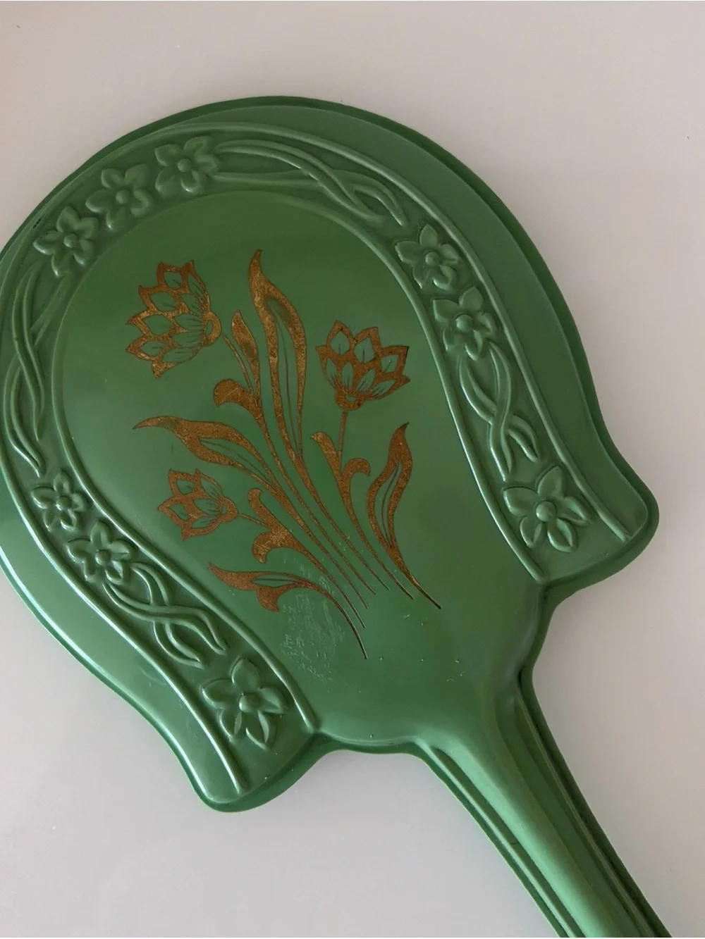 Vintage Sage Green Floral Hand Mirror 13” Vanity MCM Retro Cottagecore
